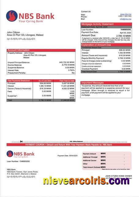 Malawi NBS Bank mortgage statement Word and PDF template